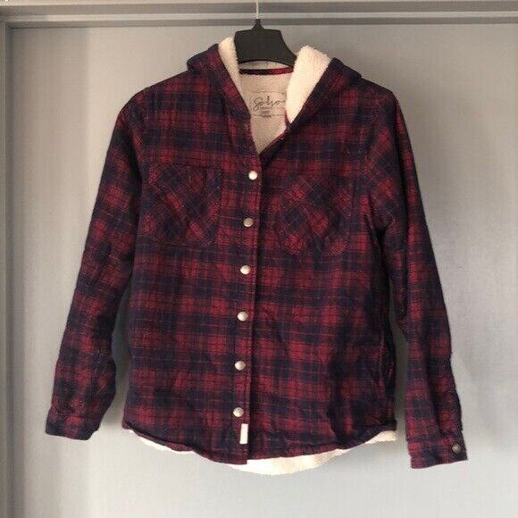 SOHO Threads Corduroy Jacket Medium Red/Blue Plaid Sherpa Hooded Womens Snaps - Picture 1 of 6